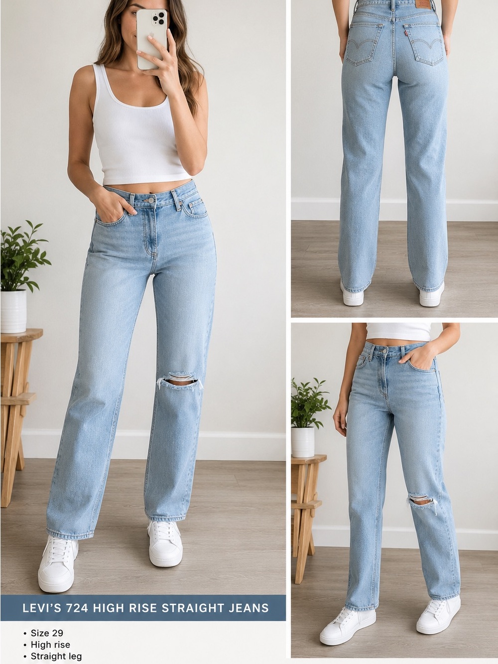 Levi’s 724 High Rise Straight Jeans Women’s Size 29 Light Wash Distressed Knee
